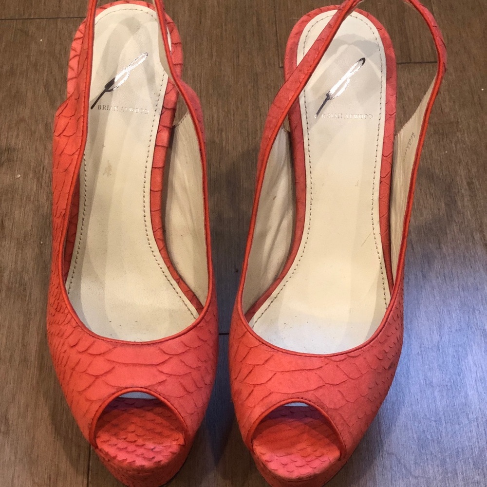 Brian Atwood Coral Snakeskin  platform peep toe